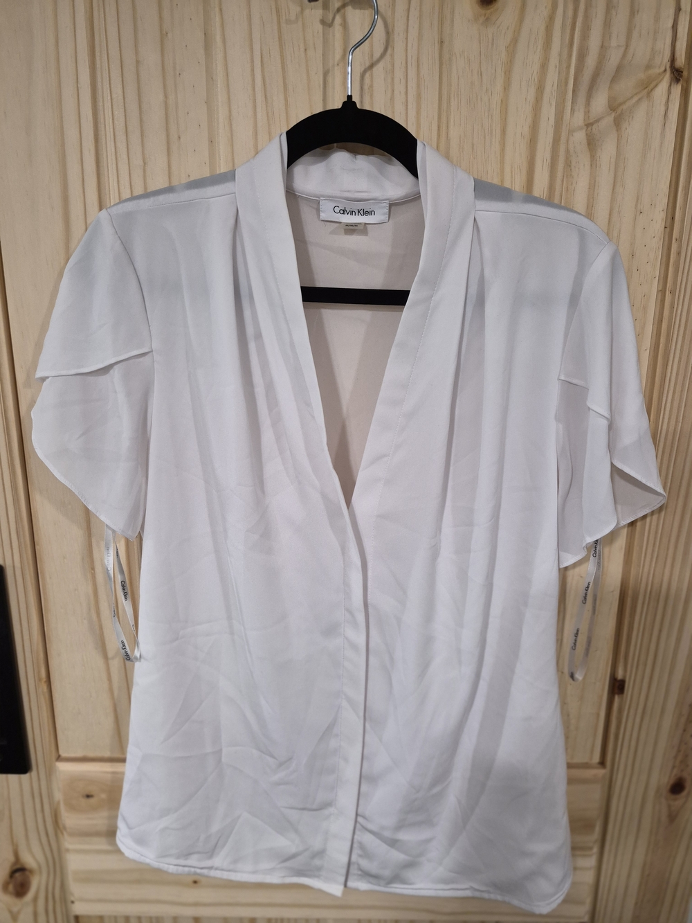 Calvin Klein White Draped V-Neck Short Sleeve Blouse
